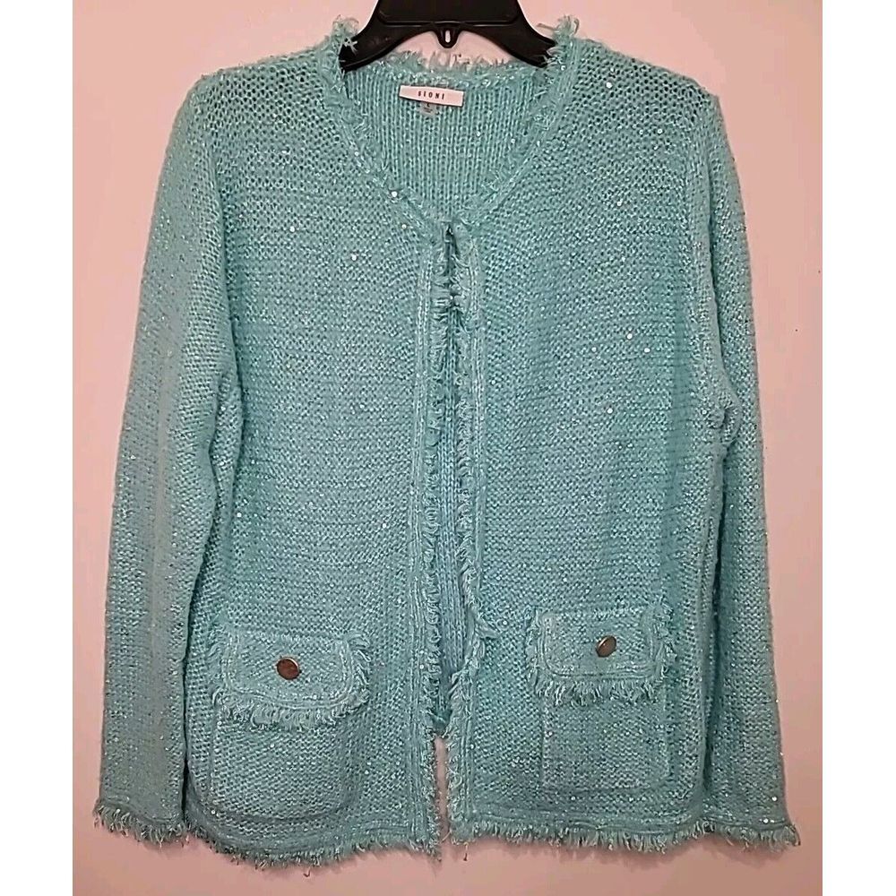 Sioni Women's Cardigan Open Knit Sweater‎ Large Teal Pockets Sequins Chic Lover